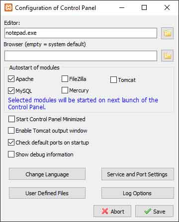XAMPP: opzioni di configurazione del pannello di controllo
